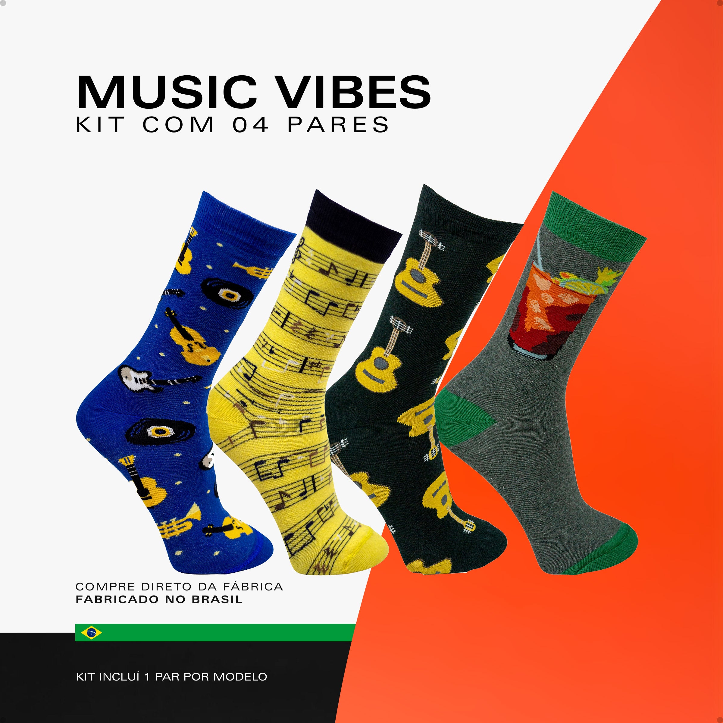 Kit 4 Meias Cano Alto Music Vibes Instrumentos Notas Musicais Violão Drink