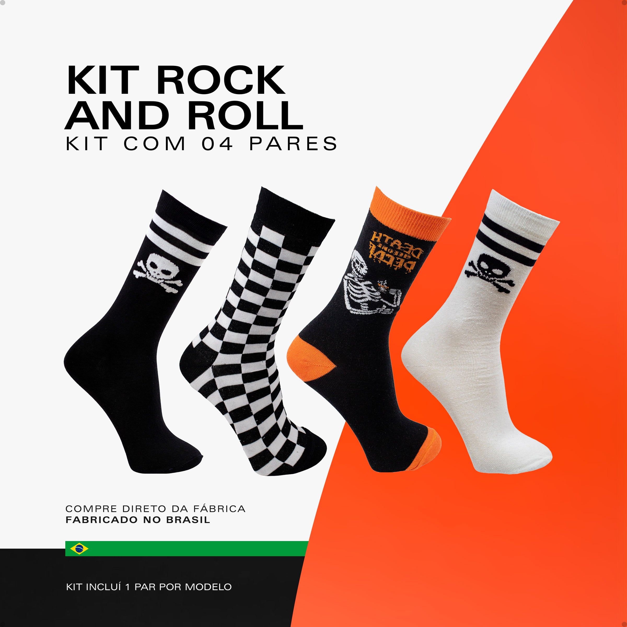 Kit 4 Meias Cano Alto Rock Caveira Quadriculada