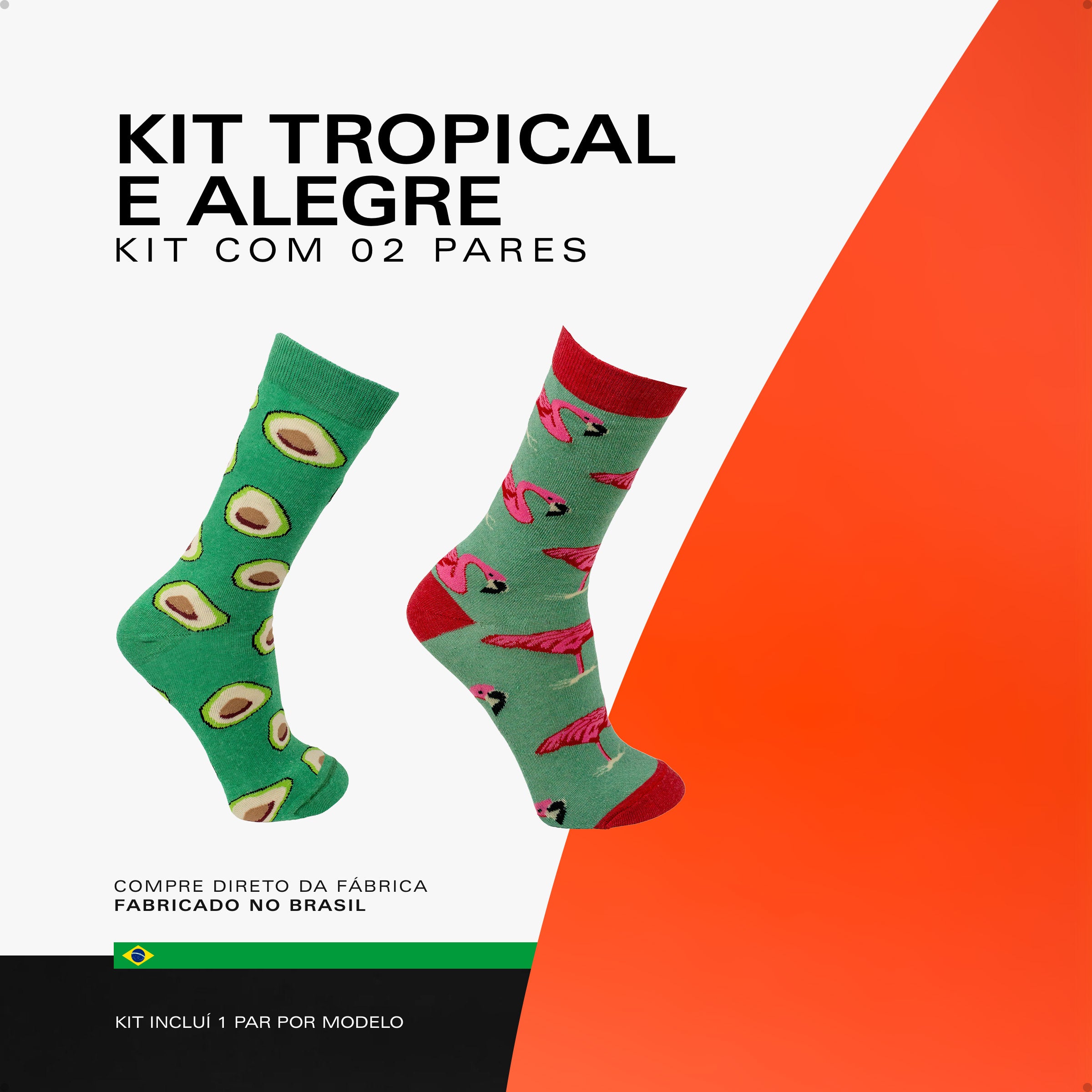 Kit 2 Meias Cano Alto Tropical Alegre Flamingo Abacate