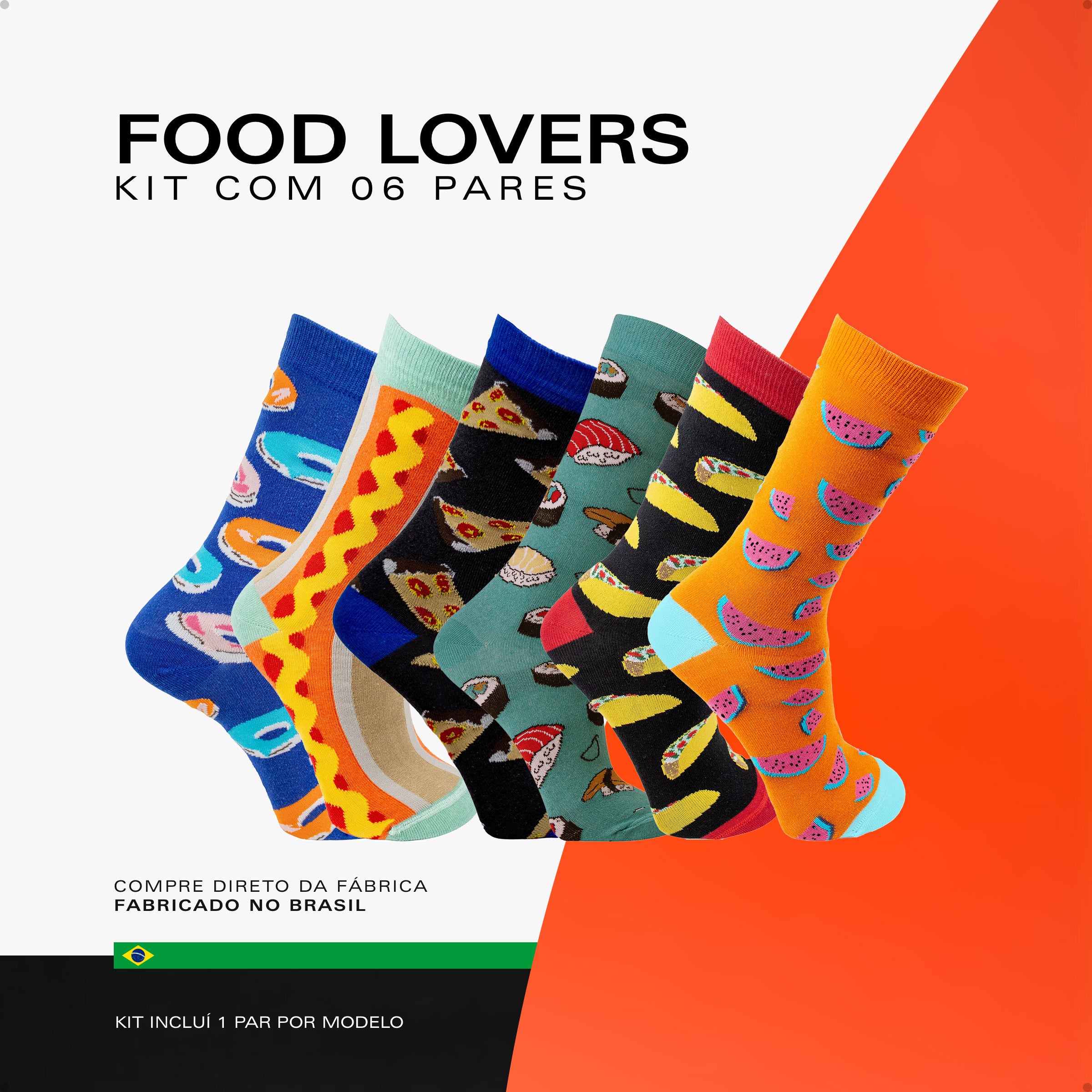 Kit 6 Meias Cano Alto Food Lovers Donut Hotdog Pizza Sushi Tacos Melancia
