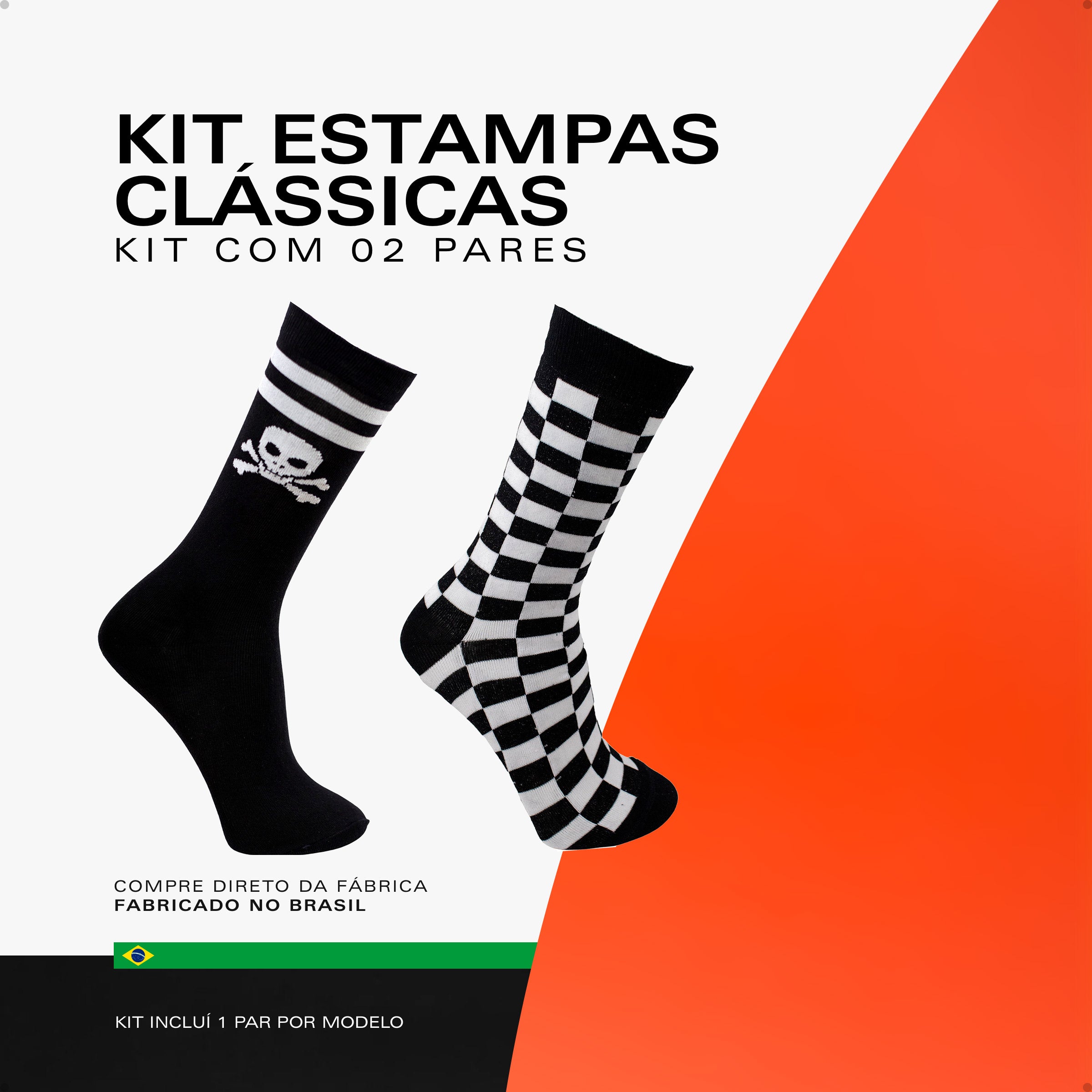 Kit 2 Meias Cano Alto Caveira Xadrez