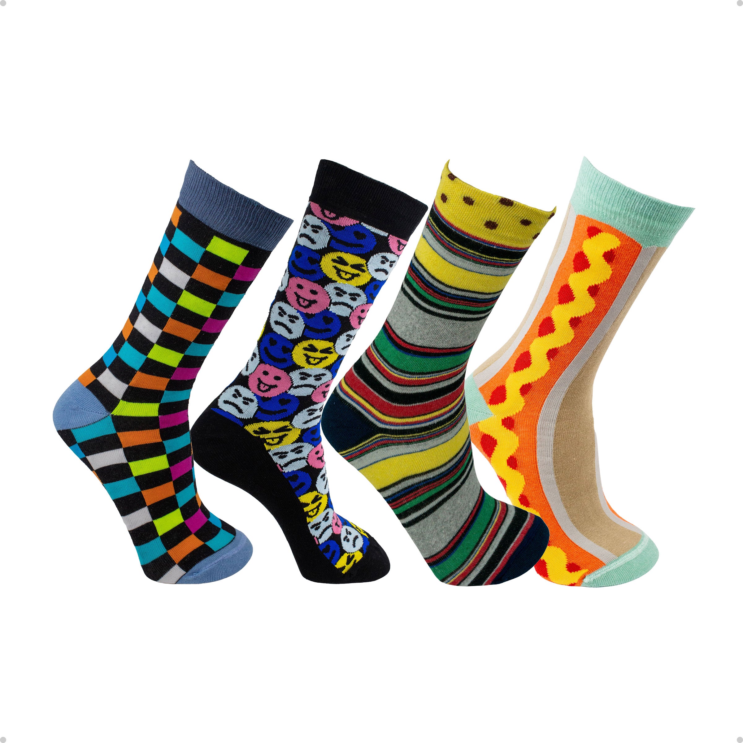 Kit 4 Meias Cano Alto Coloridas Xadrez Emoji Listras Hotdog