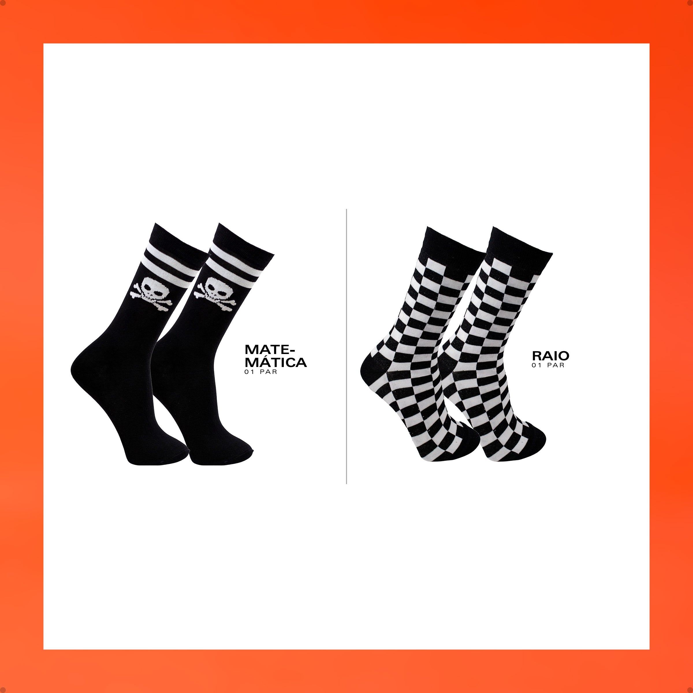 Kit 2 Meias Cano Alto Caveira Xadrez