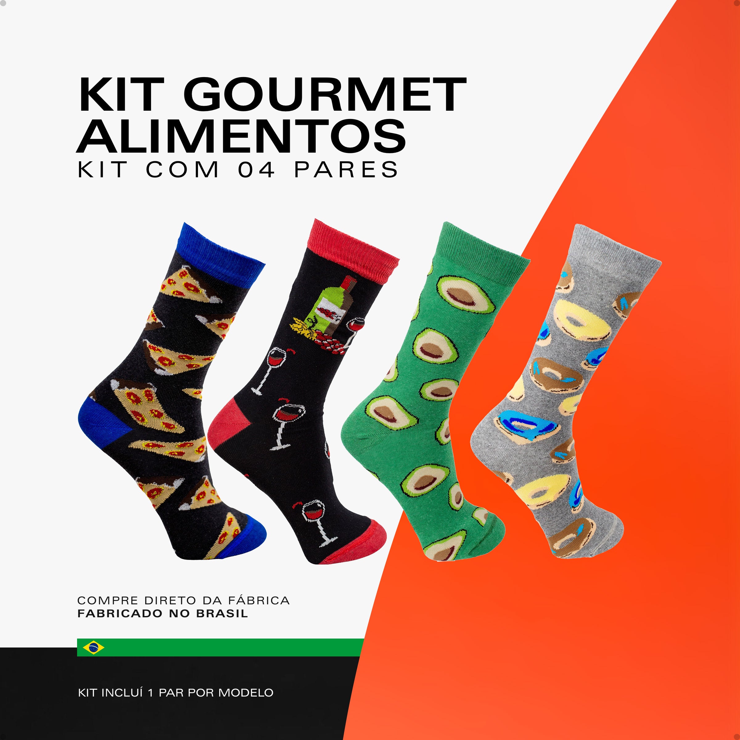 Kit 4 Meias Divertidas Oddo Gourmet Pizza Vinho Abacate Donut