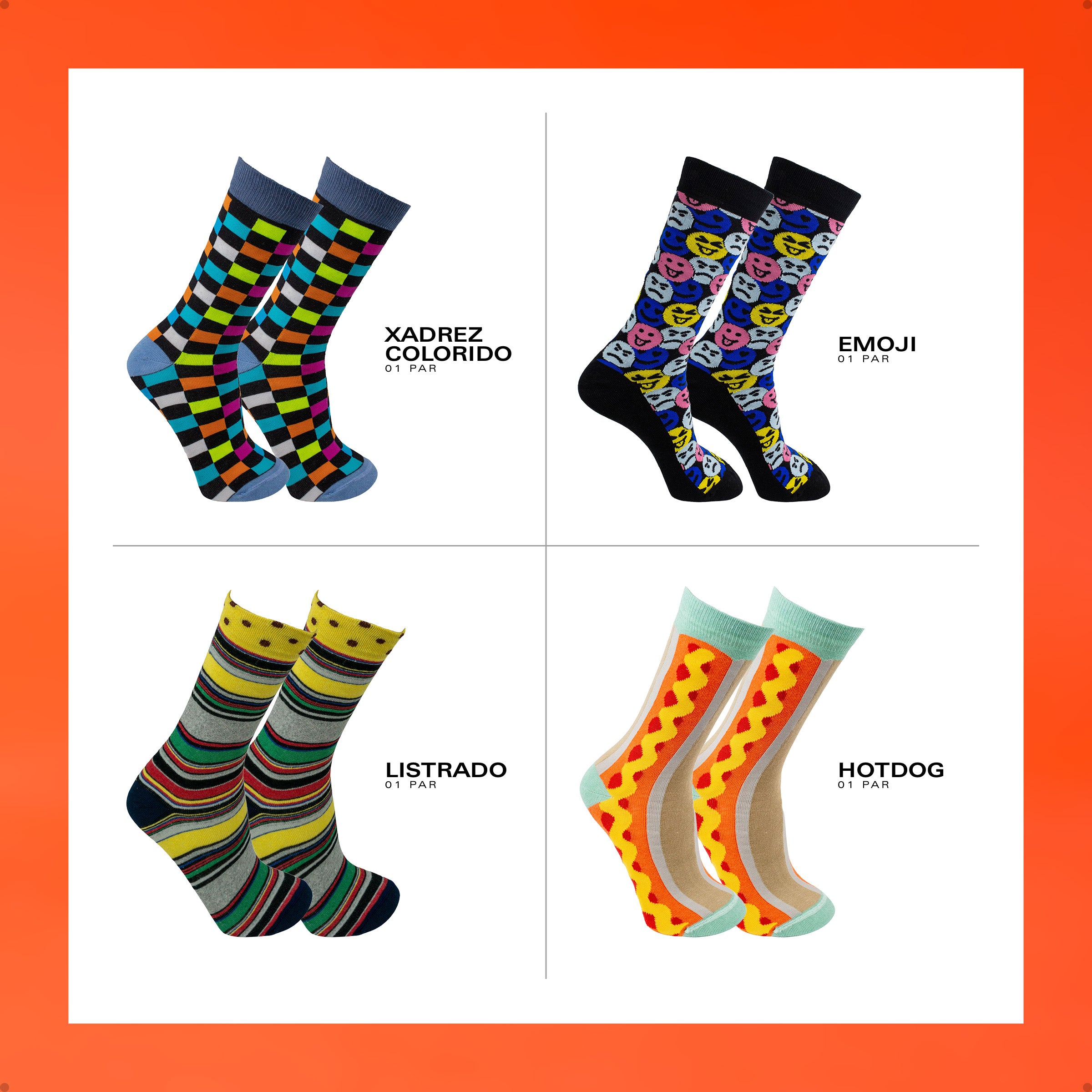 Kit 4 Meias Cano Alto Coloridas Xadrez Emoji Listras Hotdog