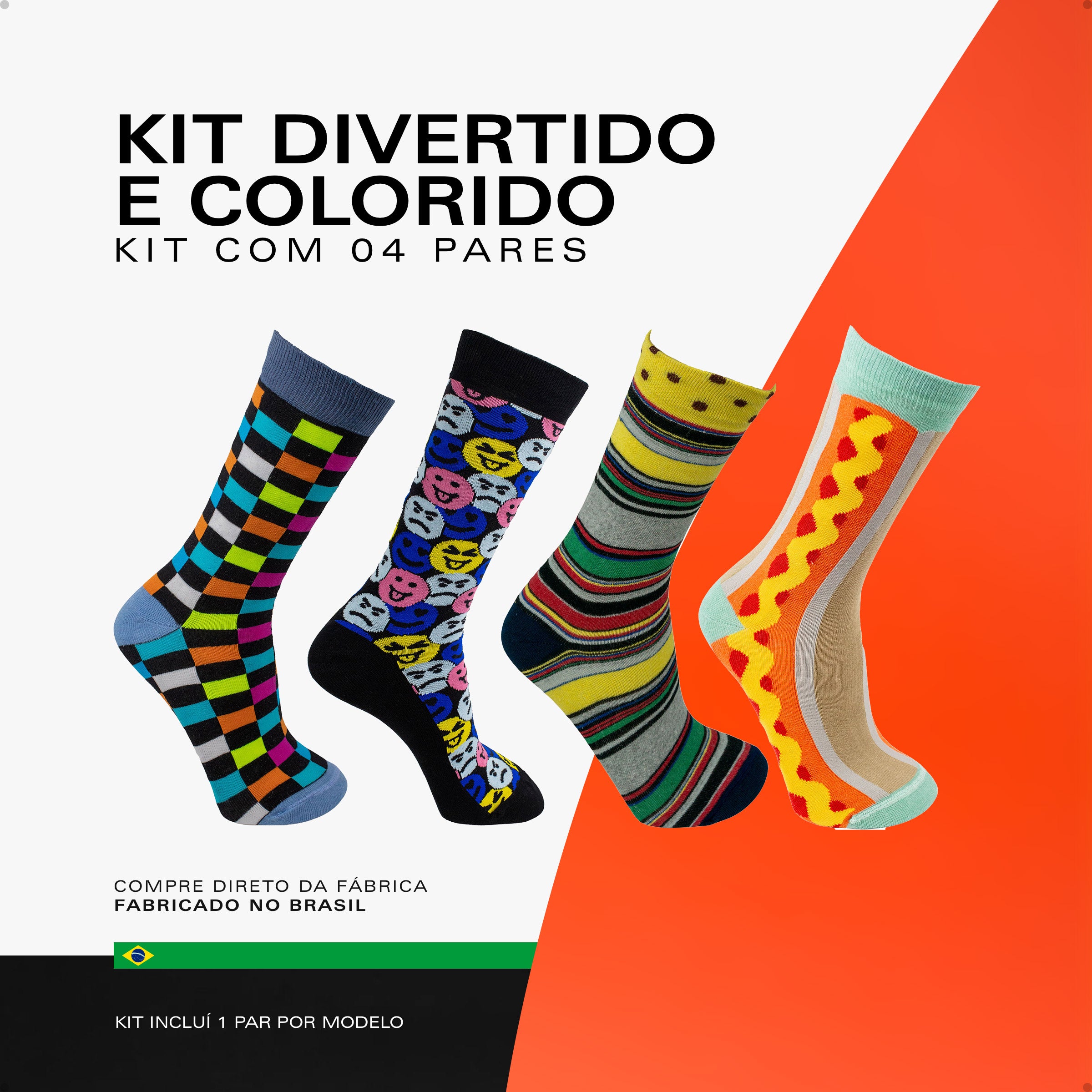 Kit 4 Meias Cano Alto Coloridas Xadrez Emoji Listras Hotdog
