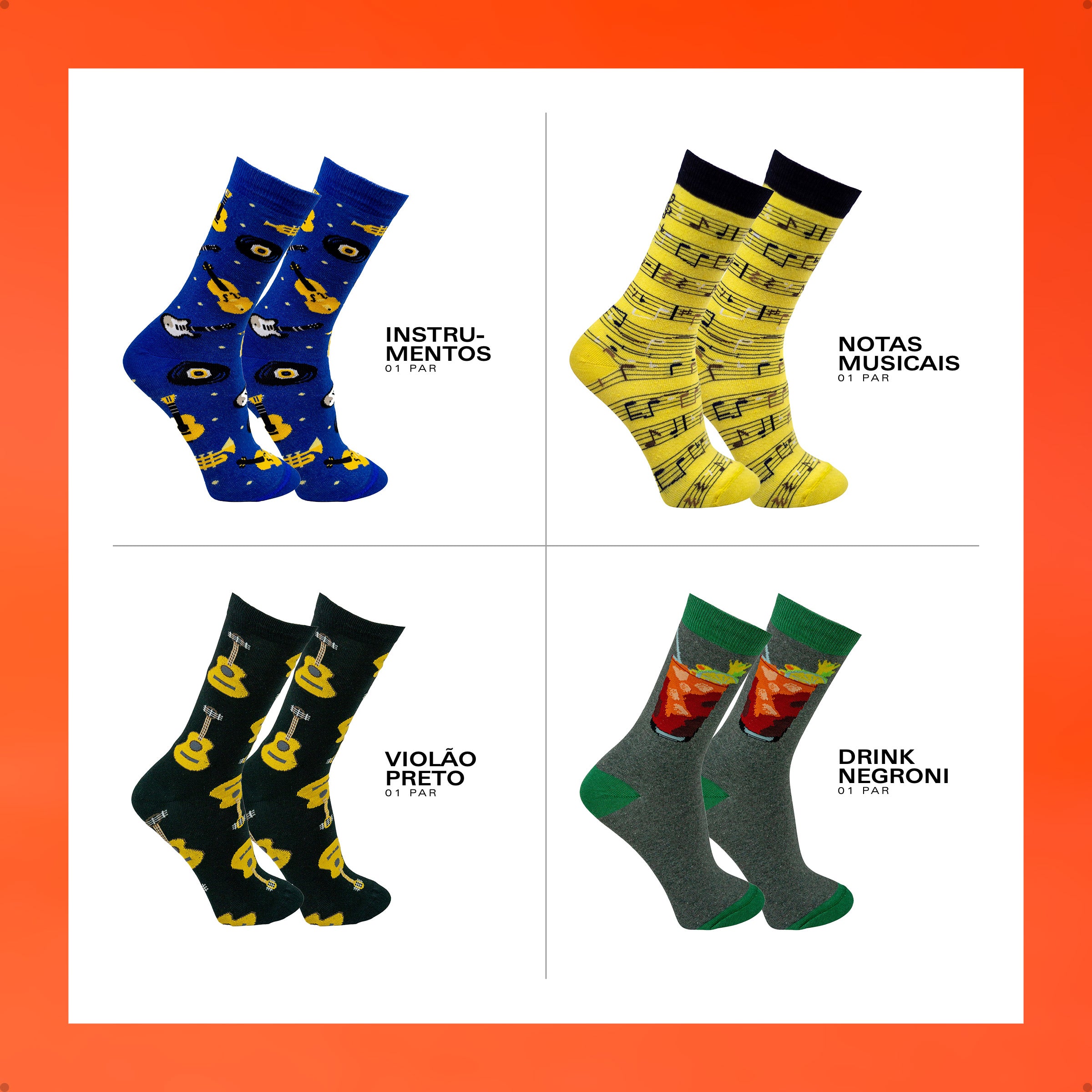 Kit 4 Meias Cano Alto Music Vibes Instrumentos Notas Musicais Violão Drink