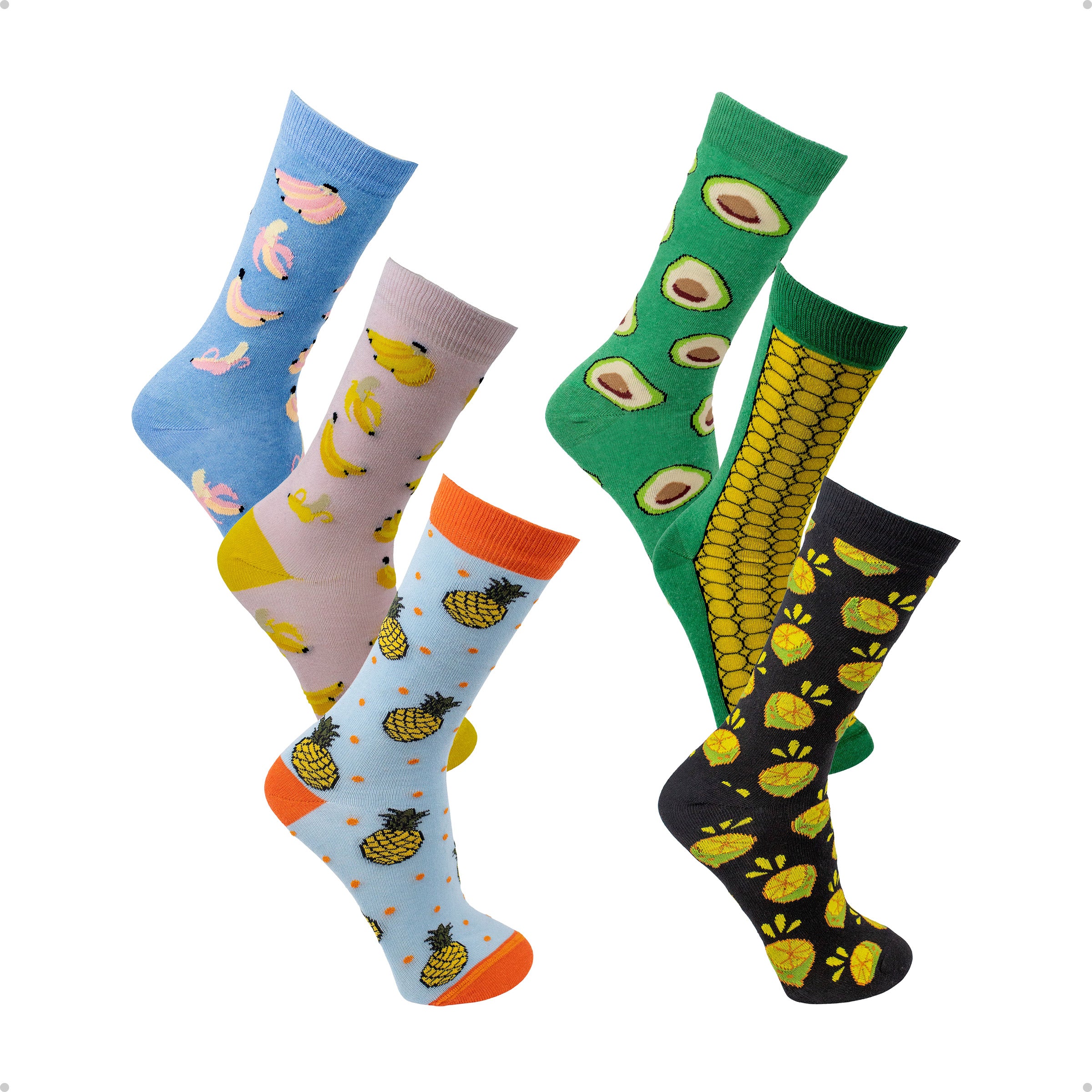 Kit 6 Meias Cano Alto Frutas Banana Abacaxi Abacate Cereja Limão