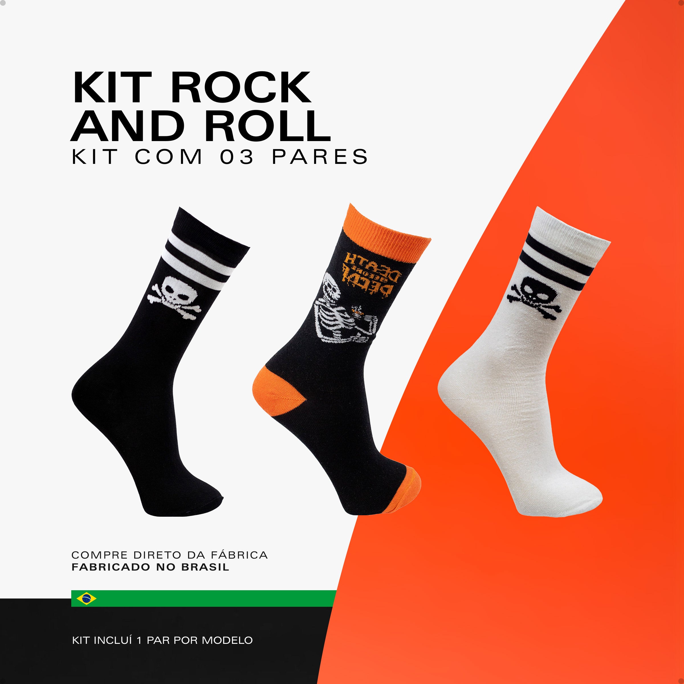 Kit 3 Meias Cano Alto Oddo Rock Caveira