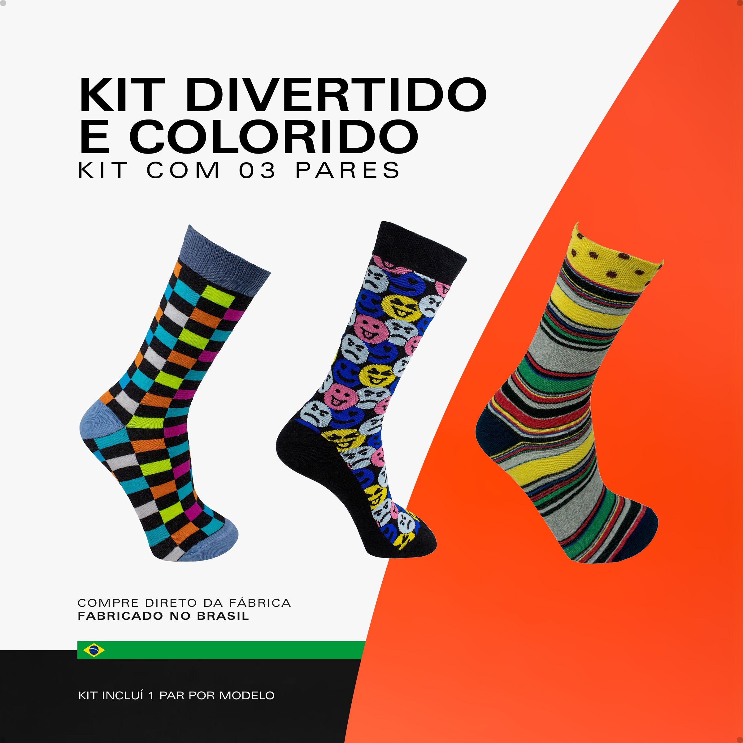 Kit 3 Meias Divertidas Oddo Coloridas Xadrez Emoji Listras