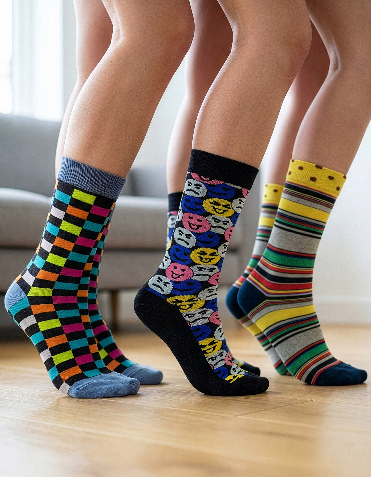 Kit 3 Meias Cano Alto Coloridas Xadrez Emoji Listras