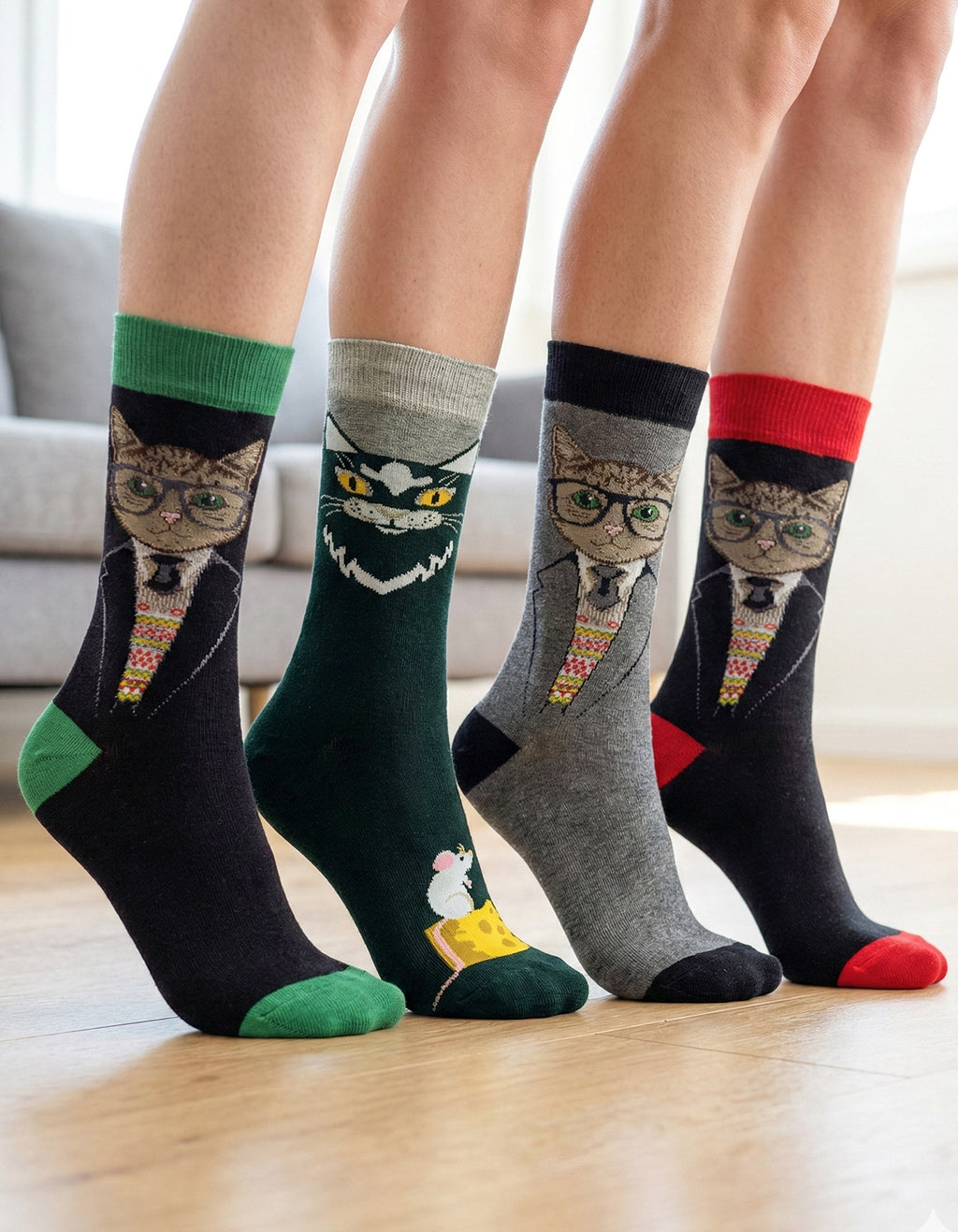 Kit 4 Meias Cano Alto Loucos por Gatos Salem e Gatos de Óculos