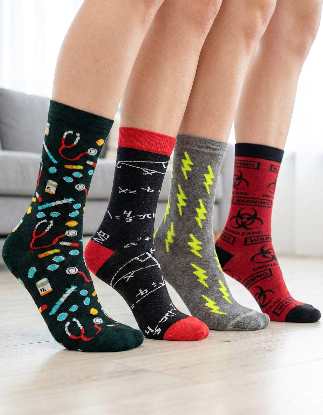 Kit 4 Meias Cano Alto Nerd Matemática Medicina Raio Alerta Vermelho