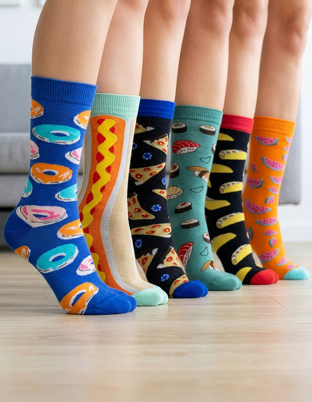 Kit 6 Meias Cano Alto Food Lovers Donut Hotdog Pizza Sushi Tacos Melancia