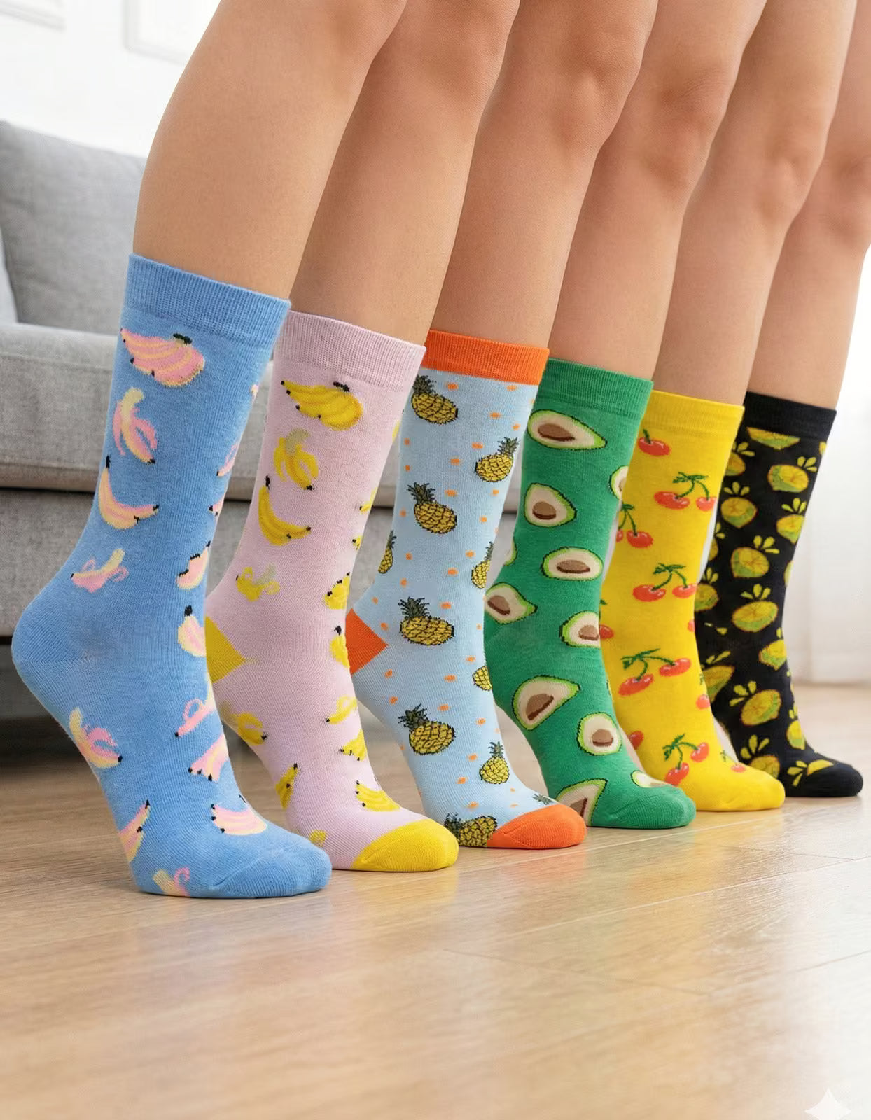 Kit 6 Meias Cano Alto Frutas Banana Abacaxi Abacate Cereja Limão