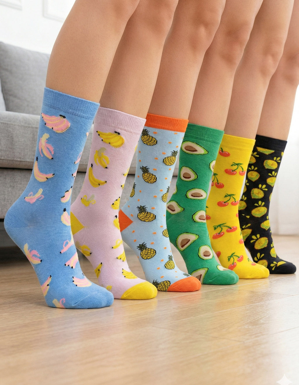 Kit 6 Meias Cano Alto Frutas Banana Abacaxi Abacate Cereja Limão