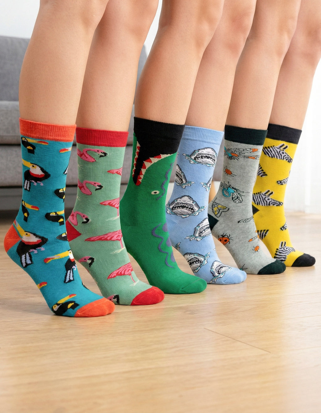 Kit 6 Meias Cano Alto Safari Tucano Flamingo Jacaré Tubarão Insetos Zebra