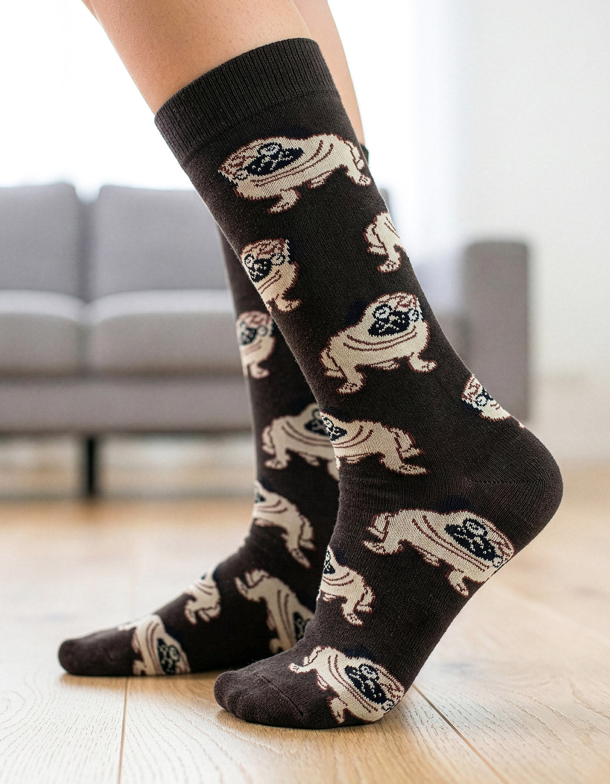 Meia Divertida Estampada Oddo Cano Longo Marrom Cachorro Pug