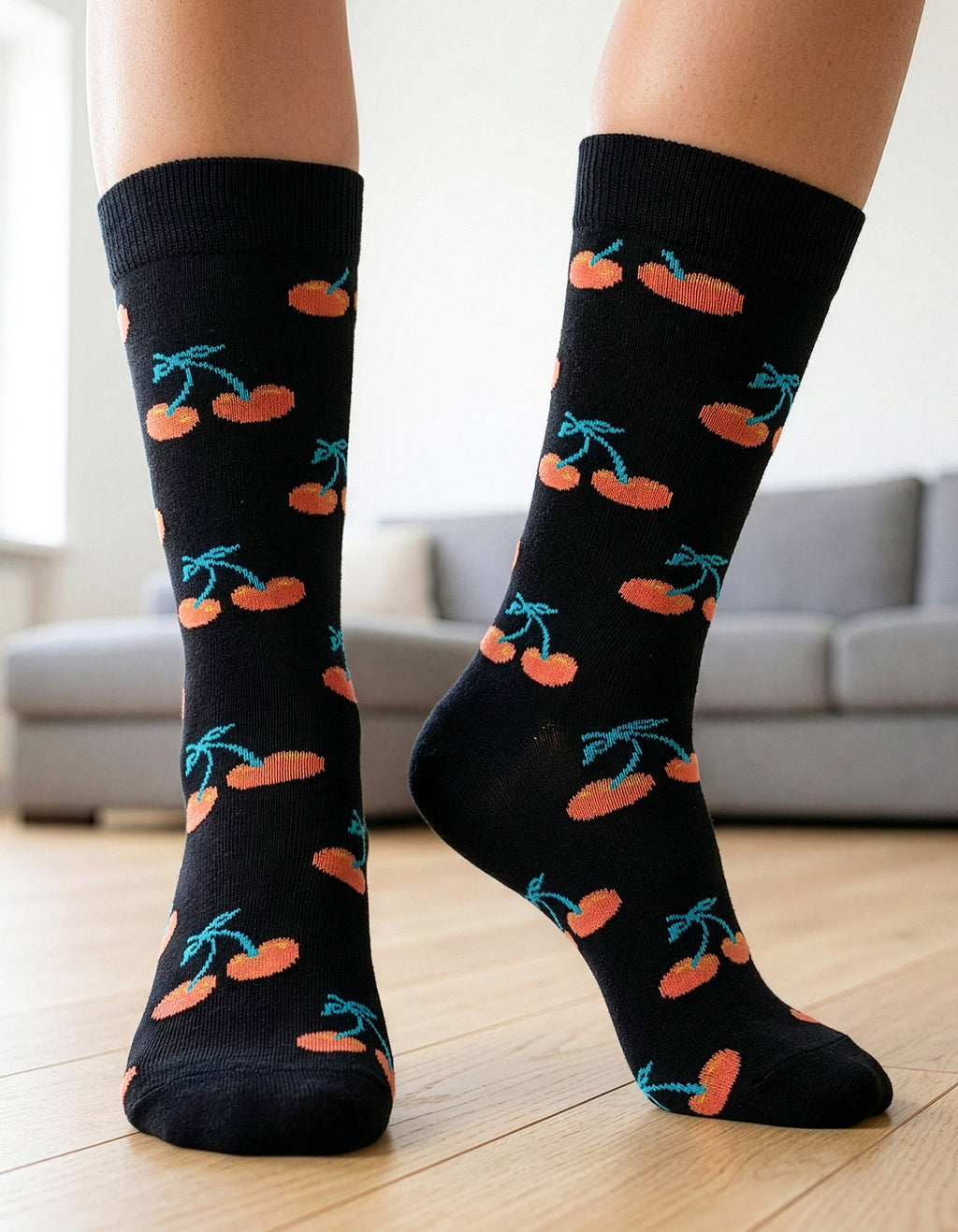 Meia Divertida Estampada Oddo Cano Longo Preta Cereja