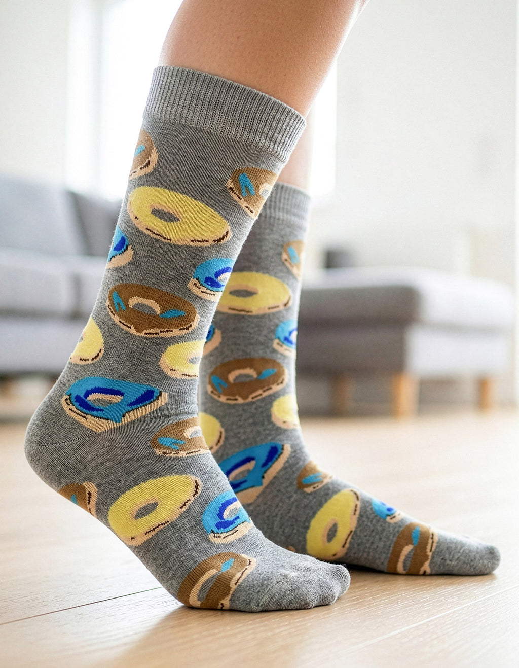 Meia Divertida Estampada Oddo Cano Longo Cinza Amarelo Azul Donut