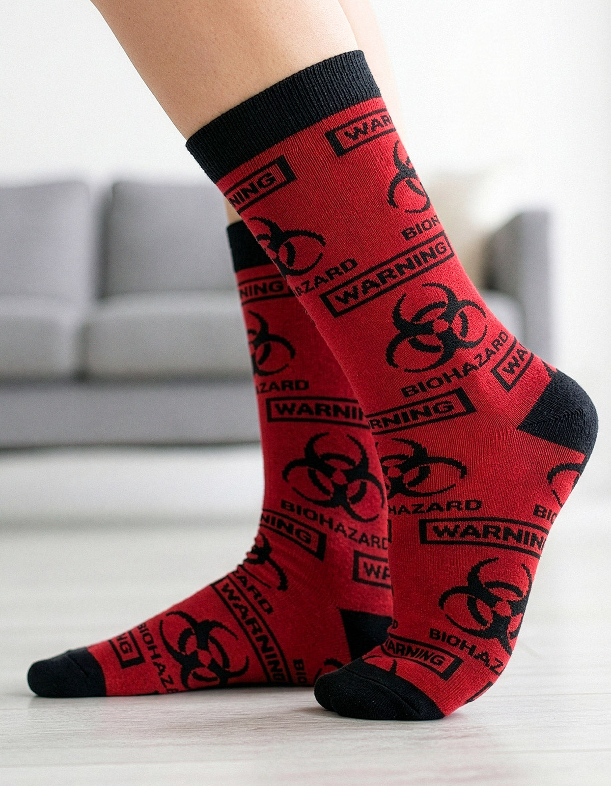 Meia Divertida Estampada Oddo Cano Longo Vermelha Alerta Warning