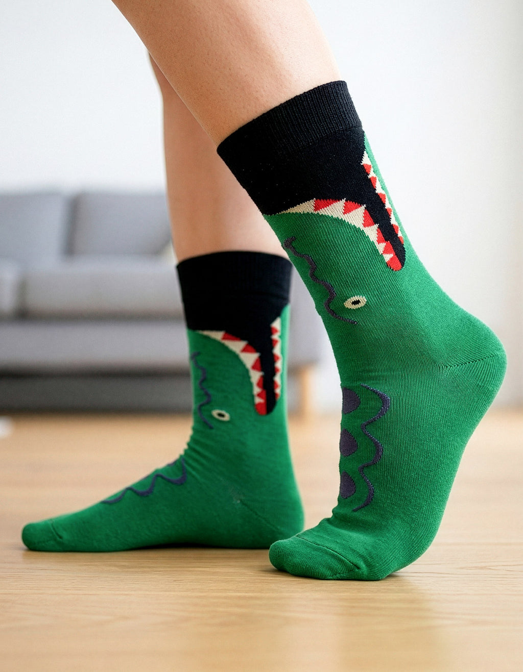 Meia Divertida Estampada Oddo Cano Longo Verde Jacaré Mordida