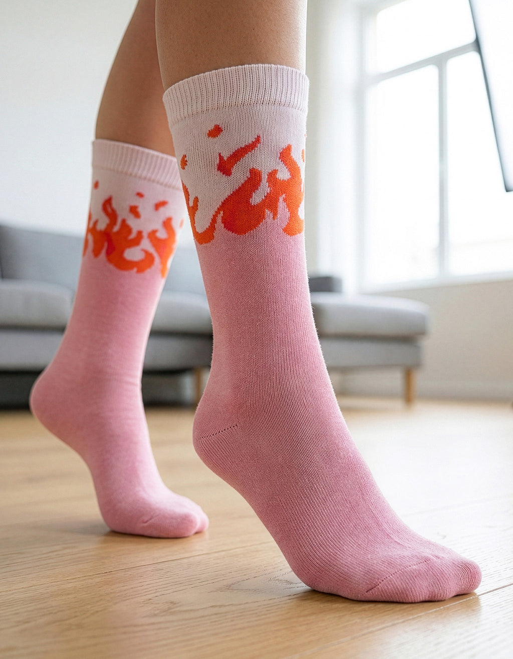 Meia Divertida Estampada Oddo Cano Longo Rosa Chama de Fogo