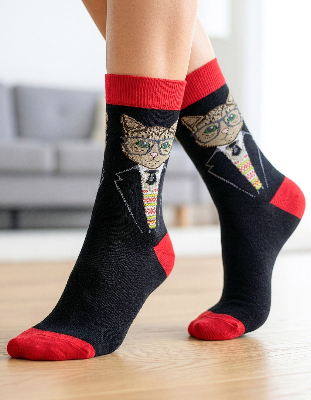 Meia Divertida Estampada Oddo Cano Longo  Vermelha Preta Gato Óculos