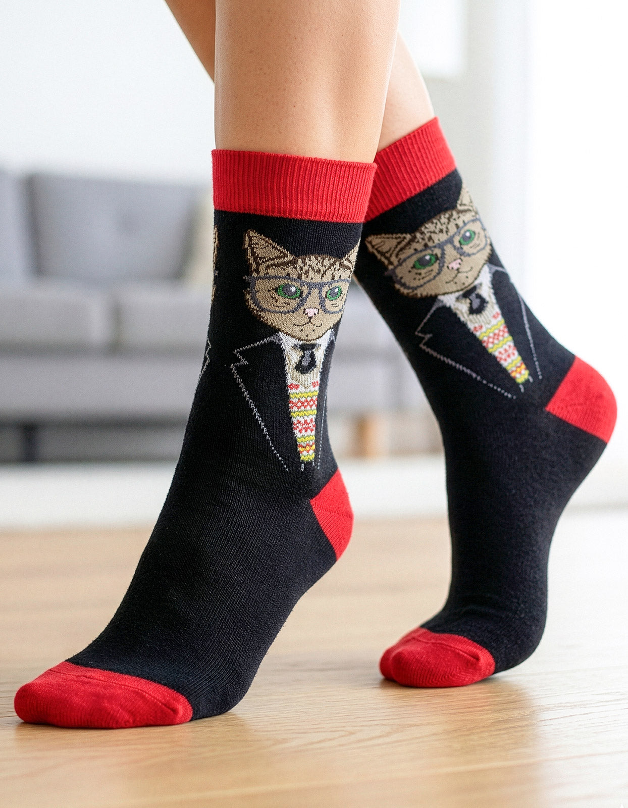 Meia Divertida Estampada Oddo Cano Longo  Vermelha Preta Gato Óculos