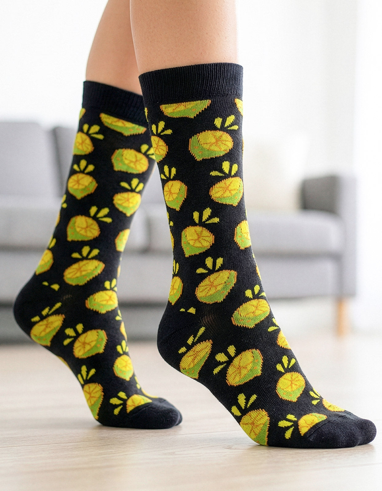 Meia Divertida Estampada Oddo Cano Longo Preta Limão