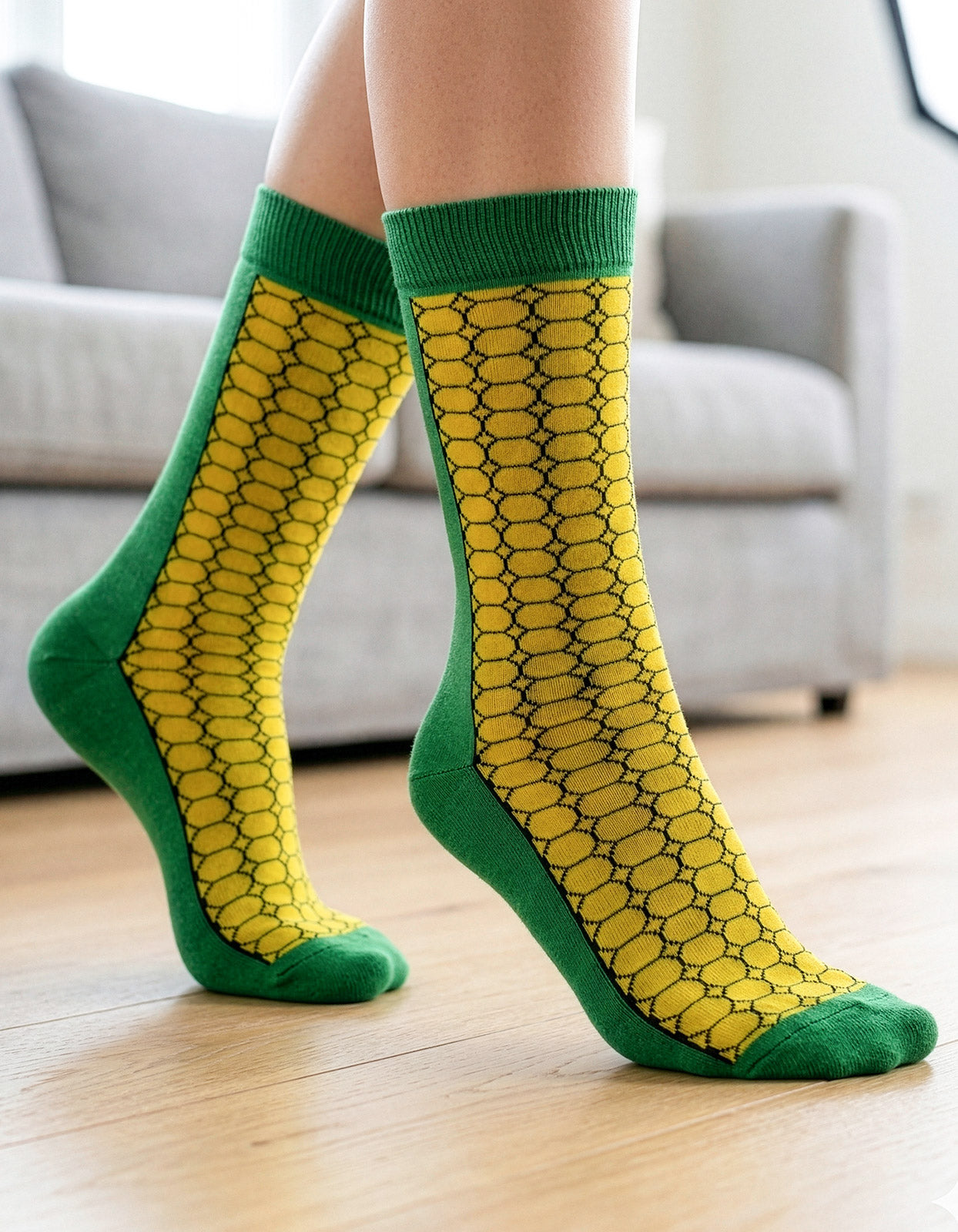 Meia Divertida Estampada Oddo Cano Longo Verde e Amarelo Milho