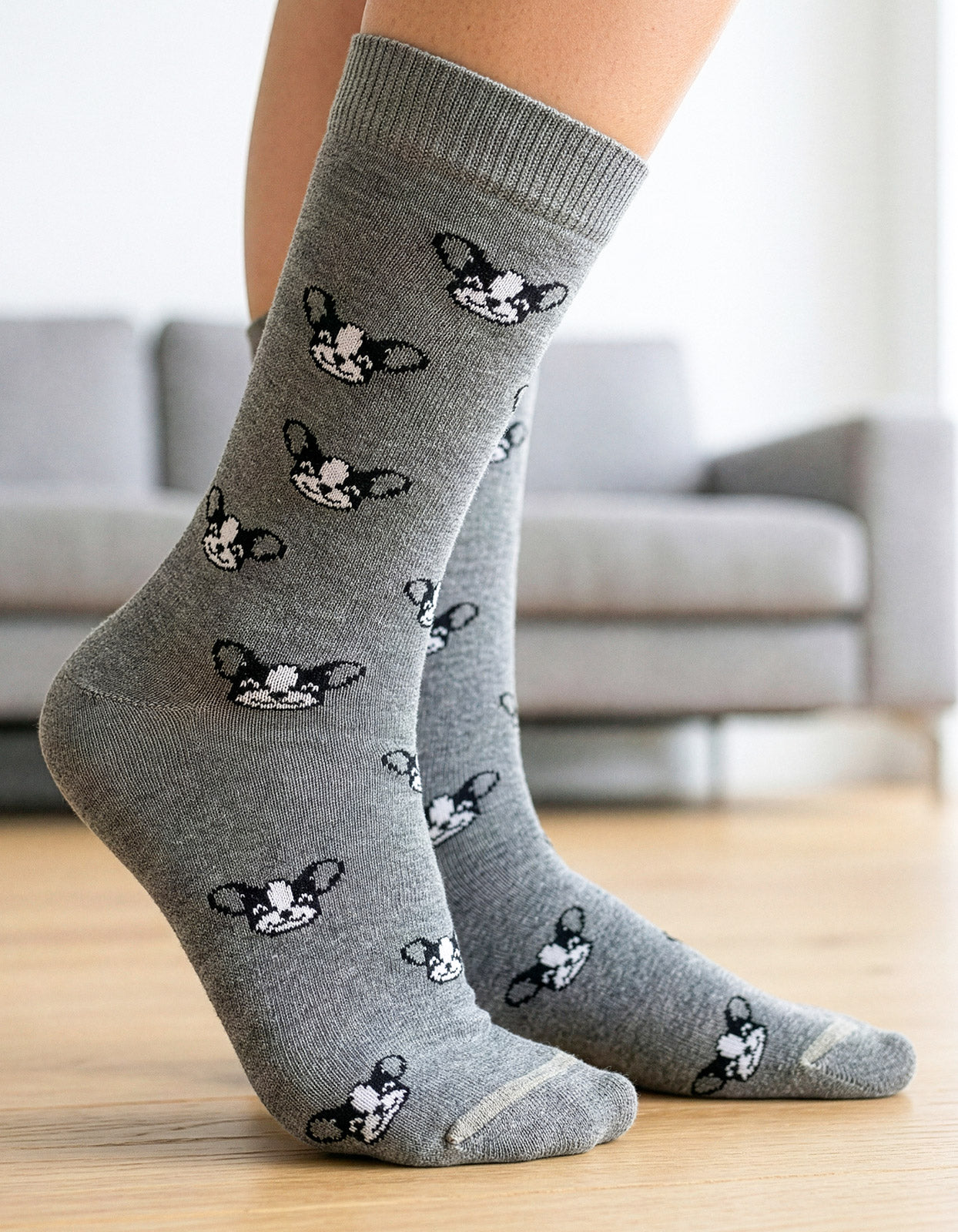 Meia Divertida Estampada Oddo Cano Longo Cinza Mini Bulldog Francês