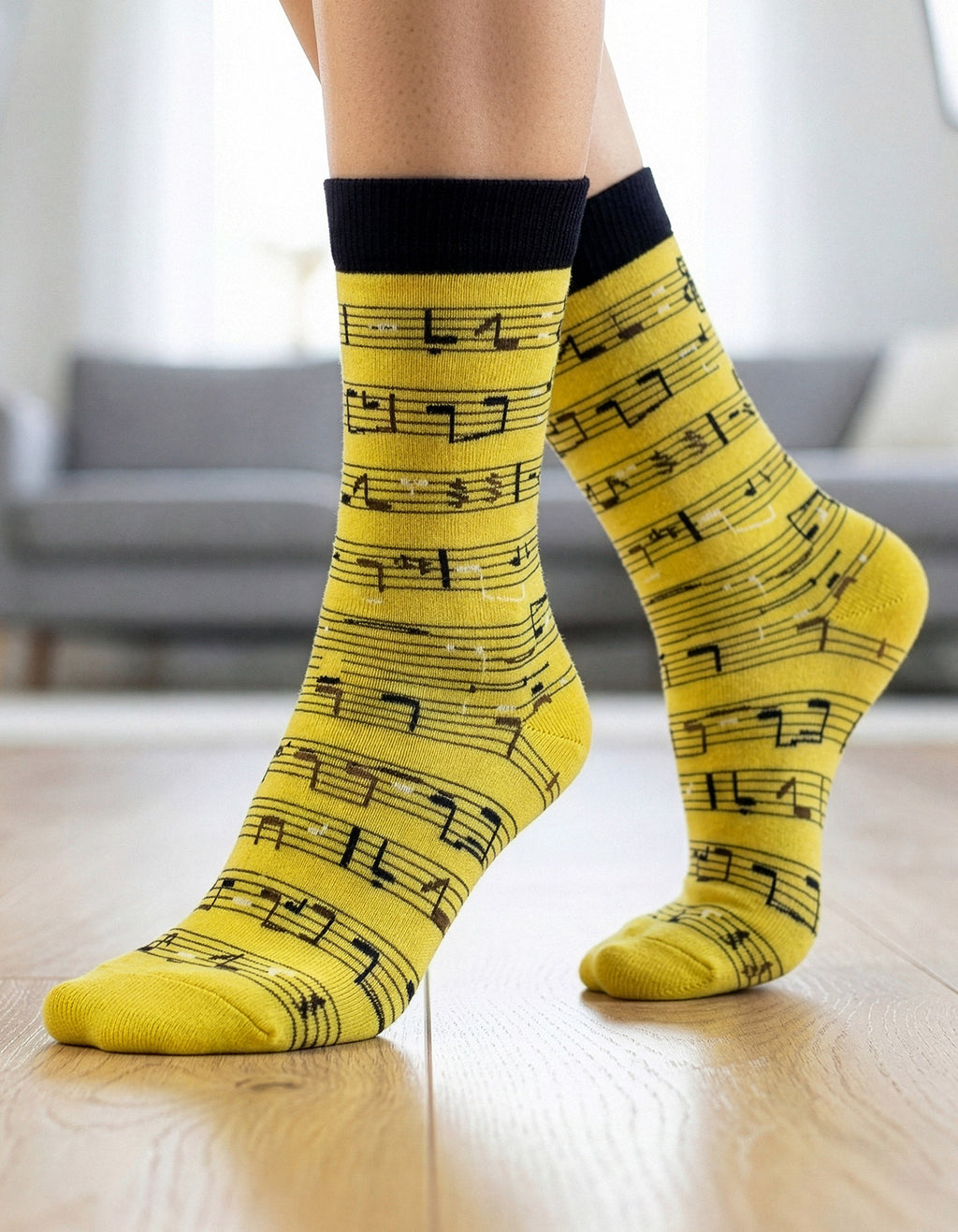 Meia Divertida Estampada Oddo Cano Longo Amarela Notas Musicais