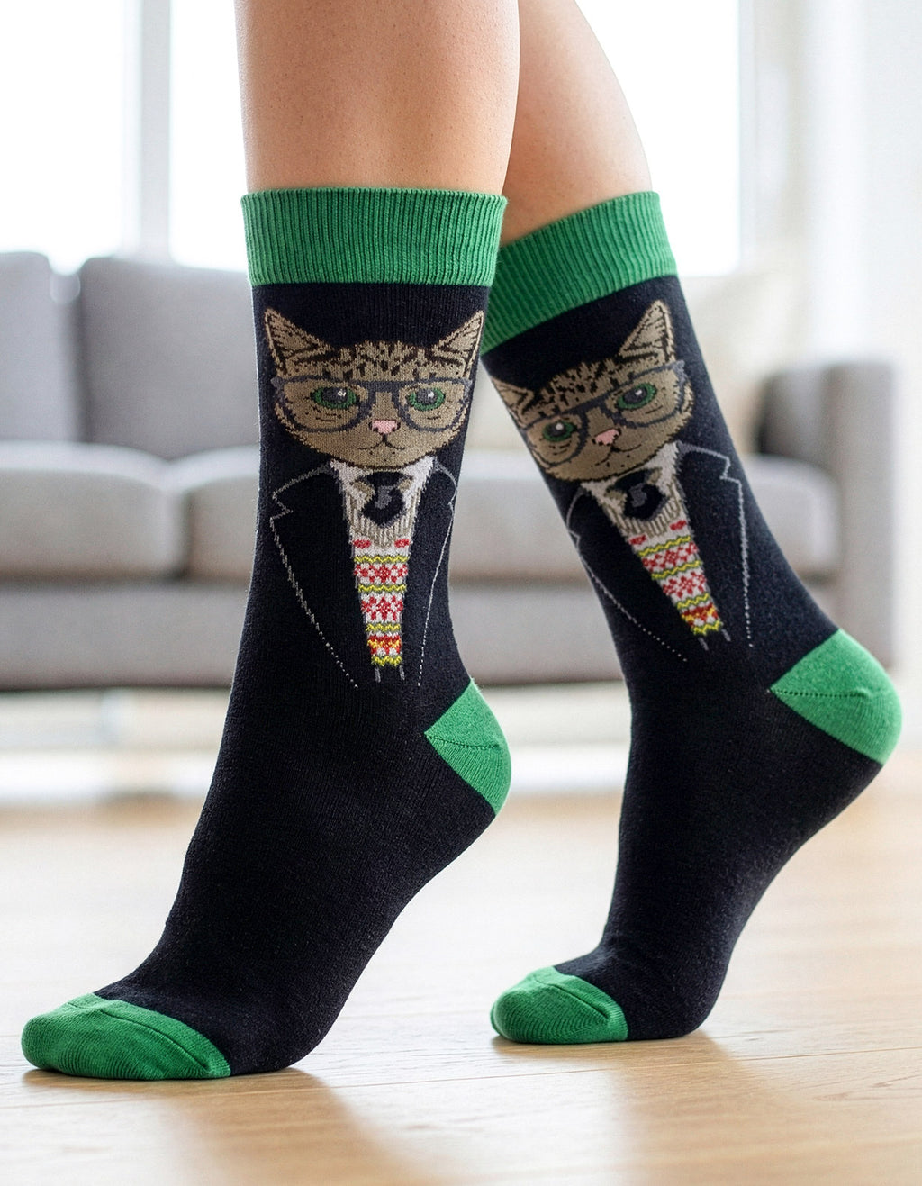 Meia Divertida Estampada Oddo Cano Longo Verde Preta Gato Óculos