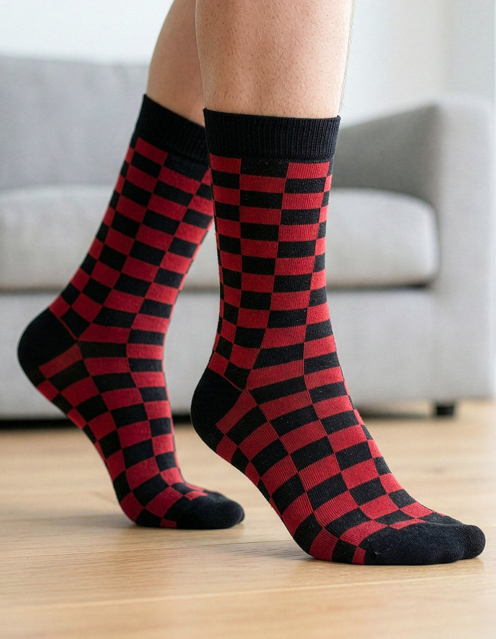Meia Divertida Estampada Oddo Cano Longo Preta Vermelha Quadriculada