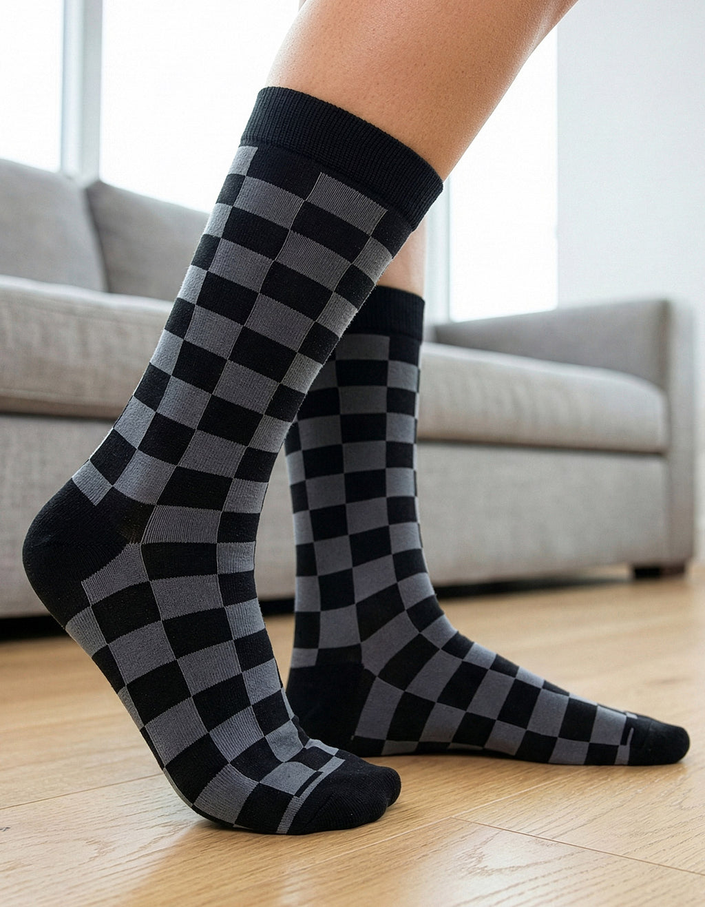 Meia Divertida Estampada Oddo Cano Longo Preta Cinza Quadriculada