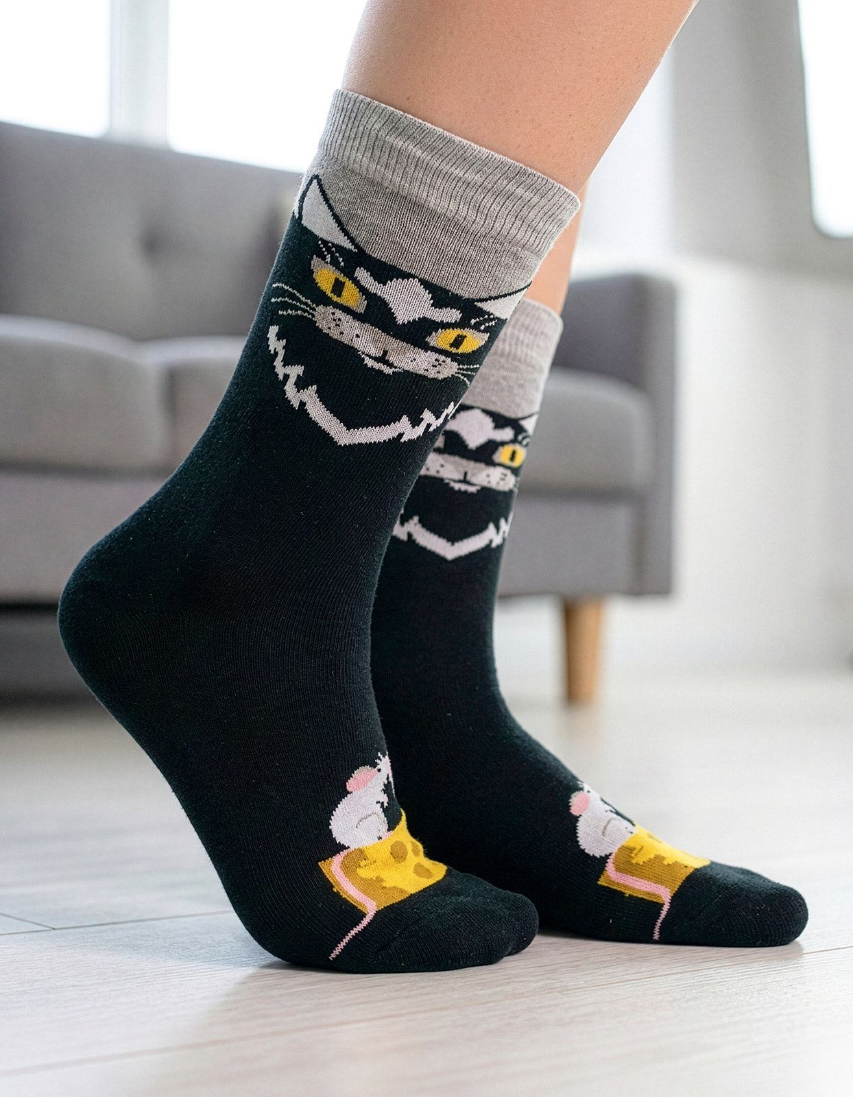 Meia Divertida Estampada Oddo Cano Longo Preta Gato Salem