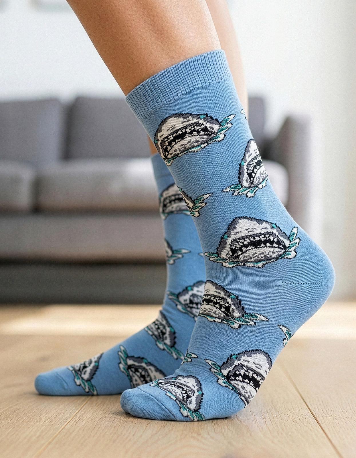Meia Divertida Estampada Oddo Cano Longo Azul Tubarão Shark