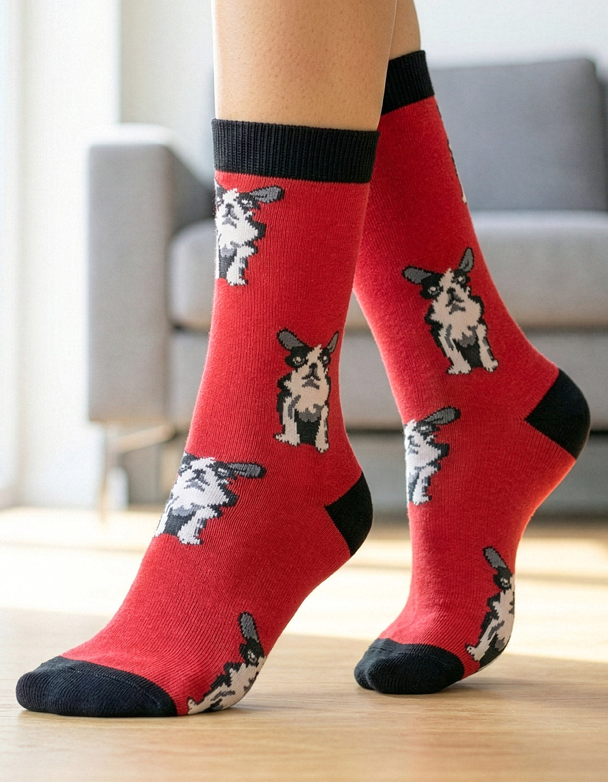 Meia Divertida Estampada Oddo Cano Longo Vermelho Cachorro Bulldog