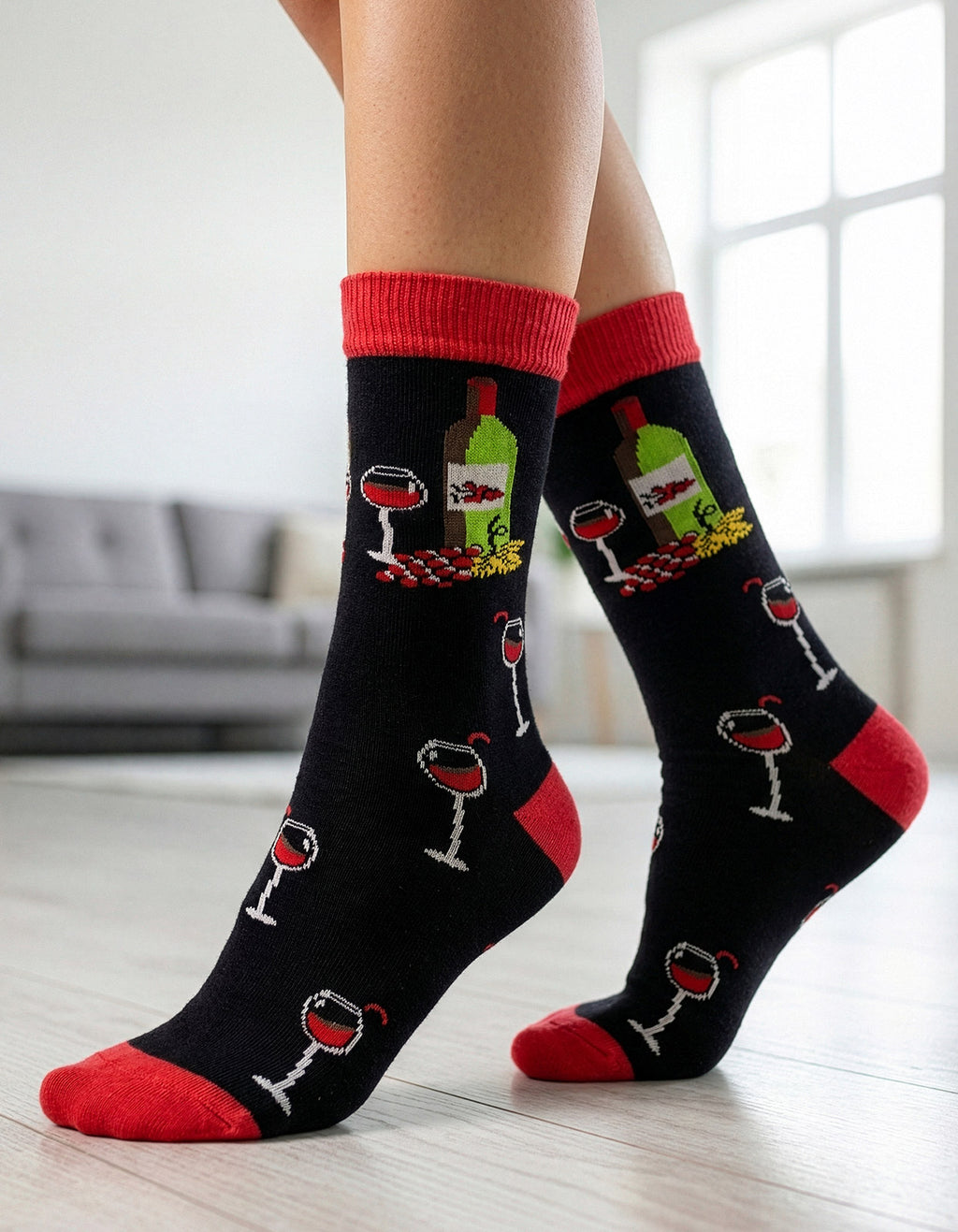 Meia Divertida Estampada Oddo Cano Longo Preta Taça Garrafa de Vinho