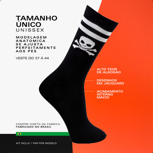 Kit 2 Meias Divertidas Estampadas Oddo Estampado Caveira Xadrez