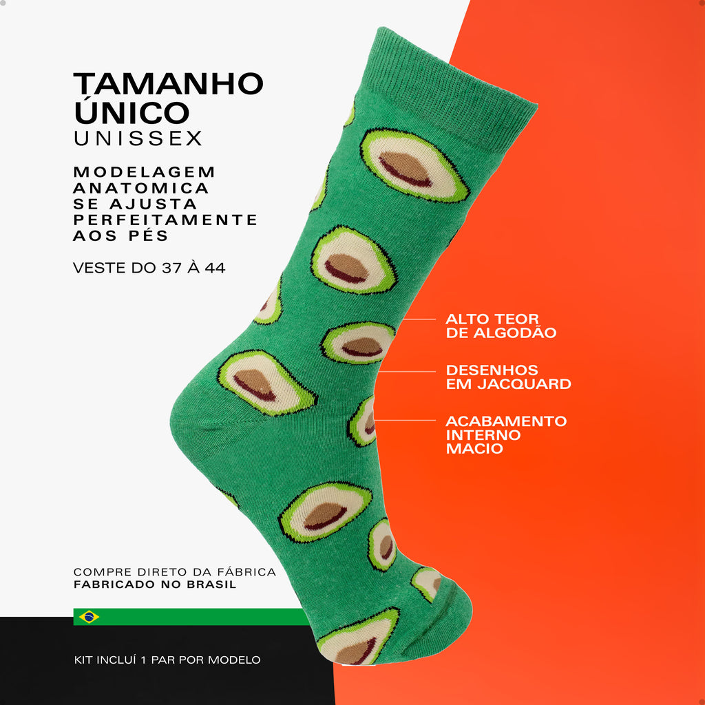 Kit 2 Meias Divertidas Estampadas Oddo Tropical Alegre Flamingo Abacate