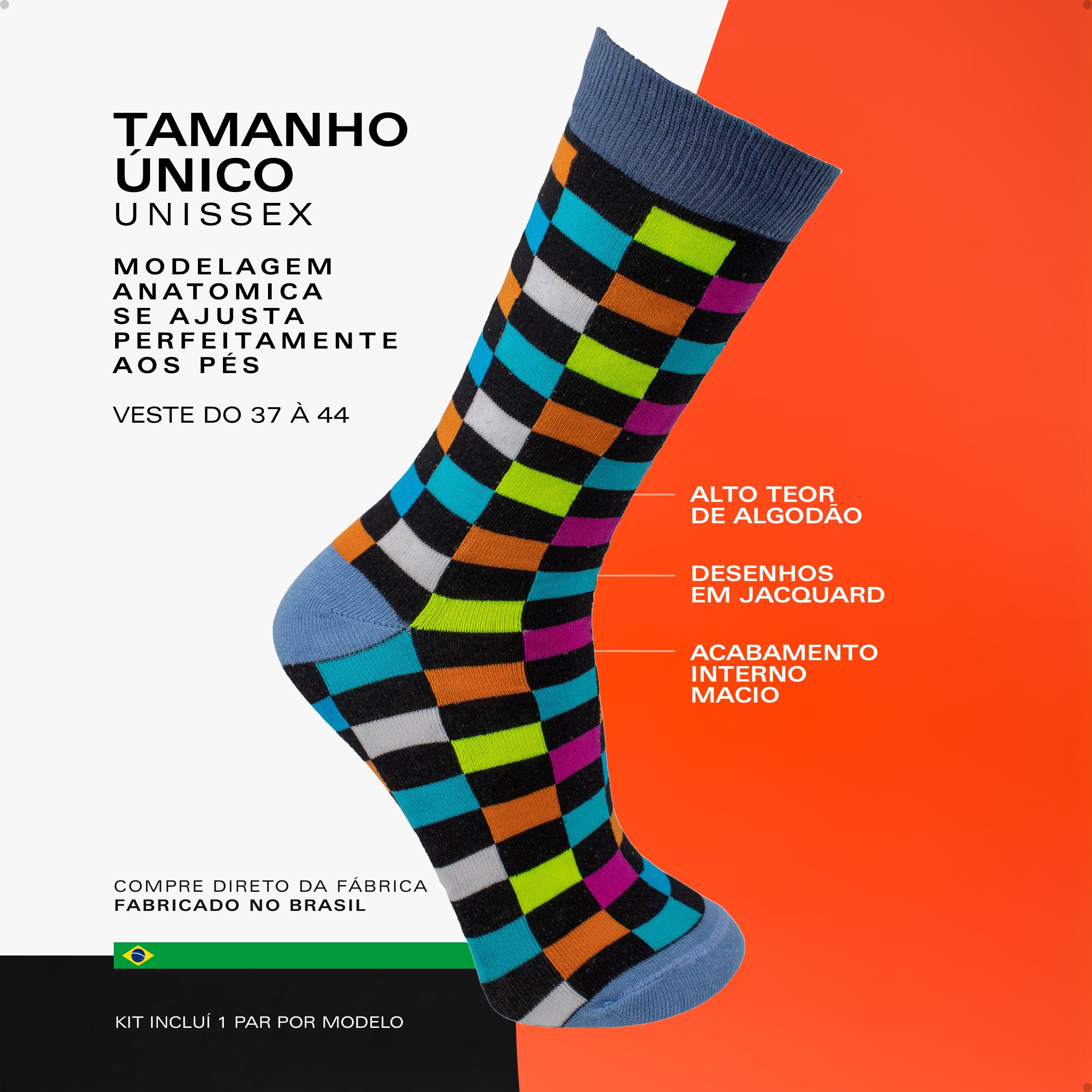 Kit 3 Meias Cano Alto Coloridas Xadrez Emoji Listras