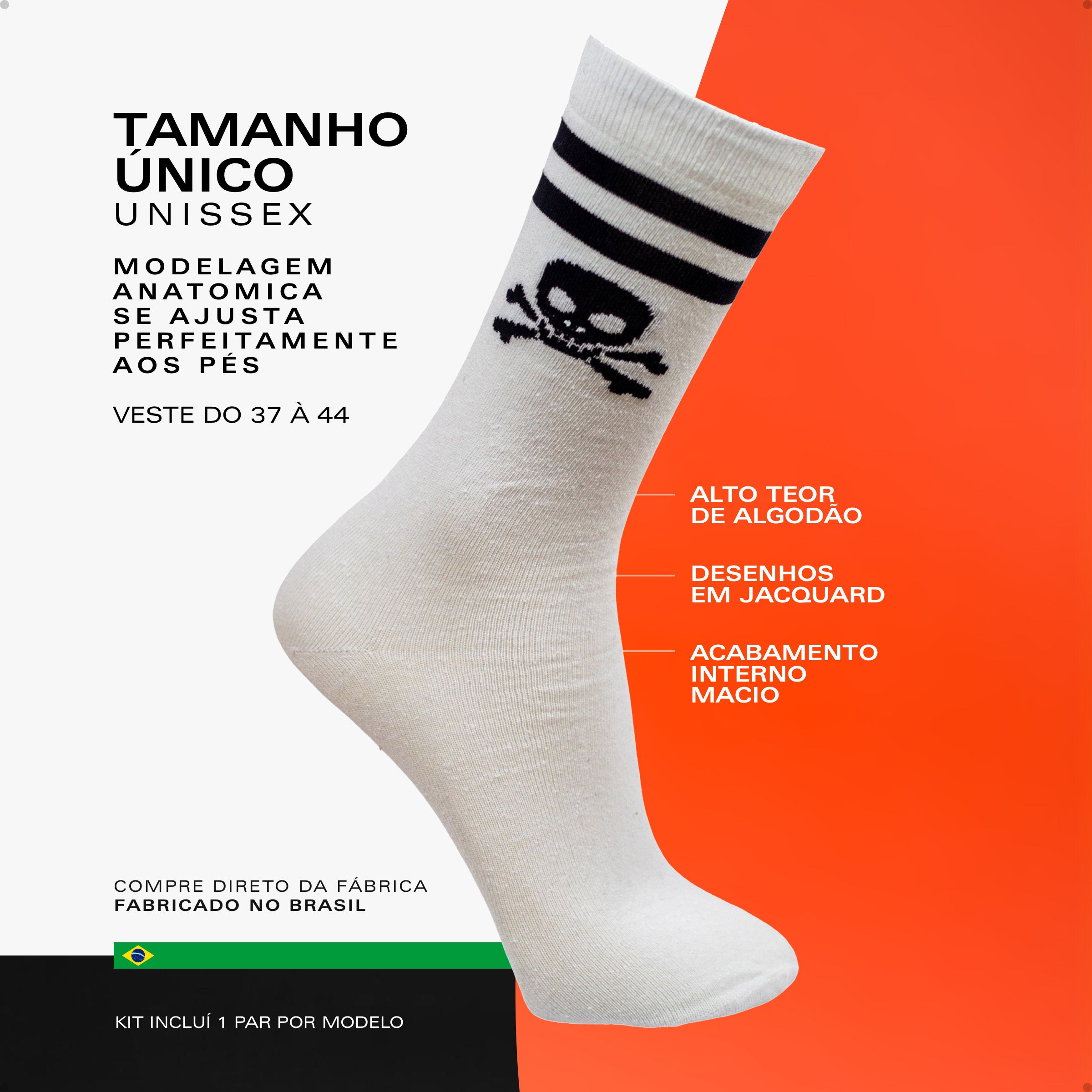 Kit 3 Meias Cano Alto Oddo Rock Caveira