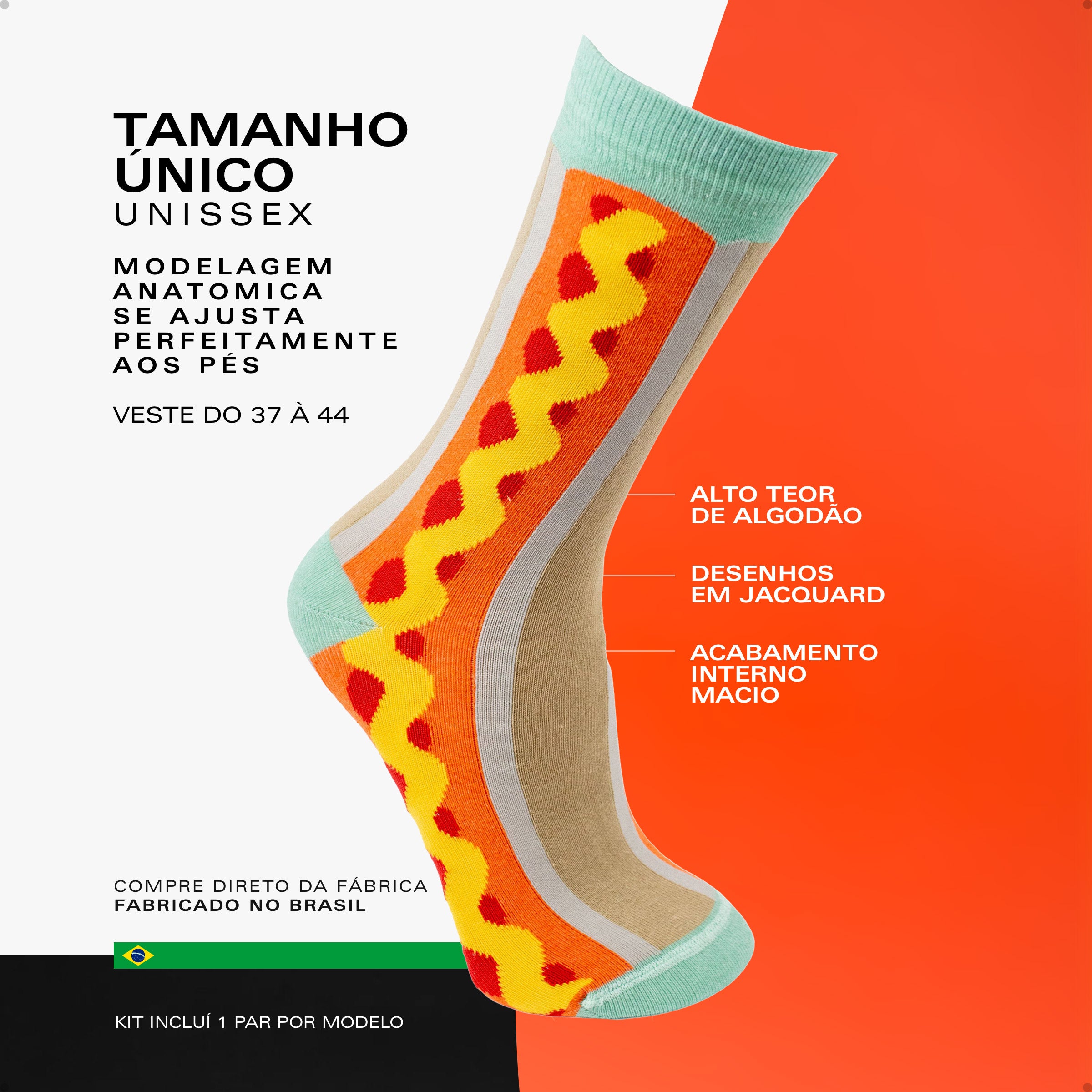 Kit 4 Meias Cano Alto Coloridas Xadrez Emoji Listras Hotdog