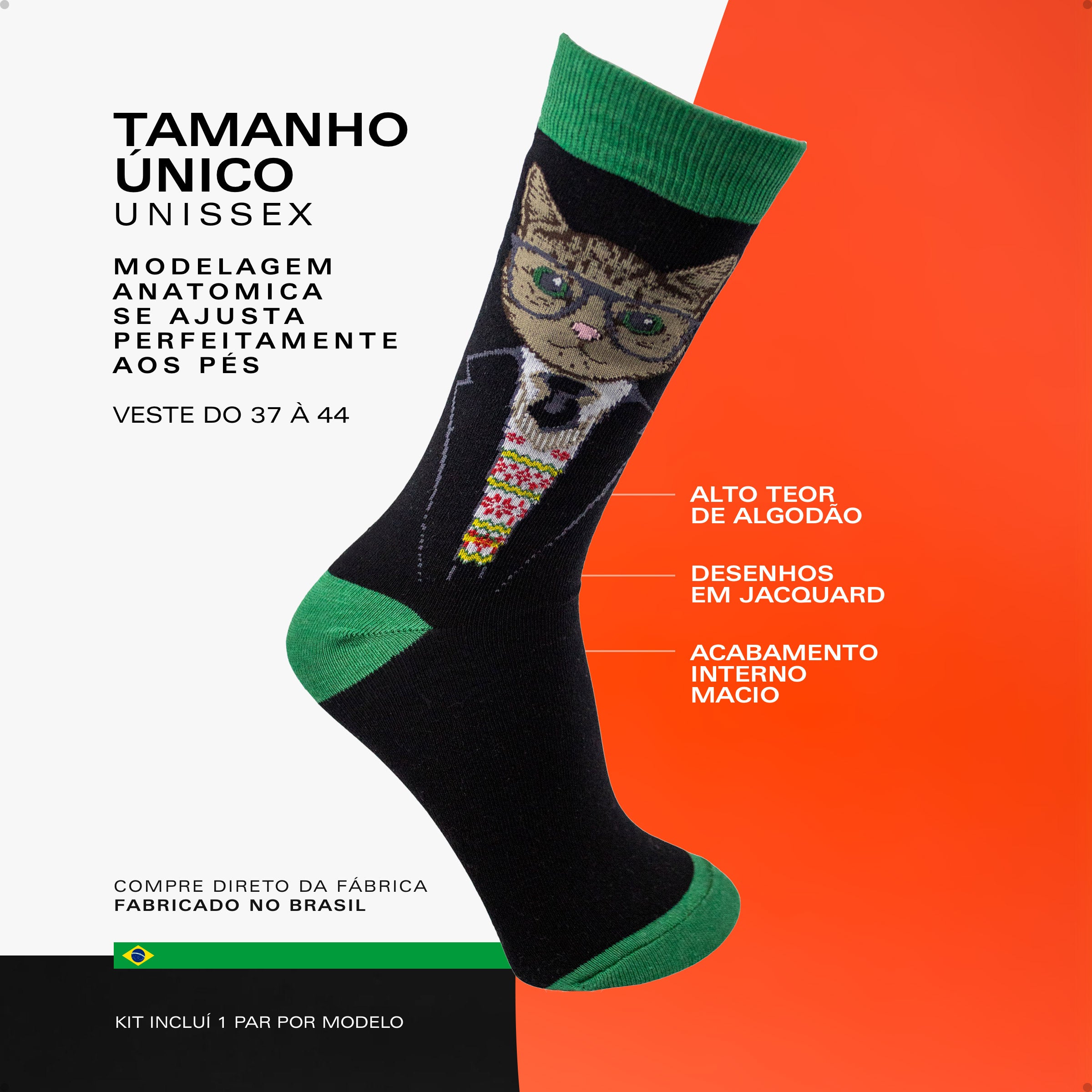 Kit 4 Meias Cano Alto Loucos por Gatos Salem e Gatos de Óculos