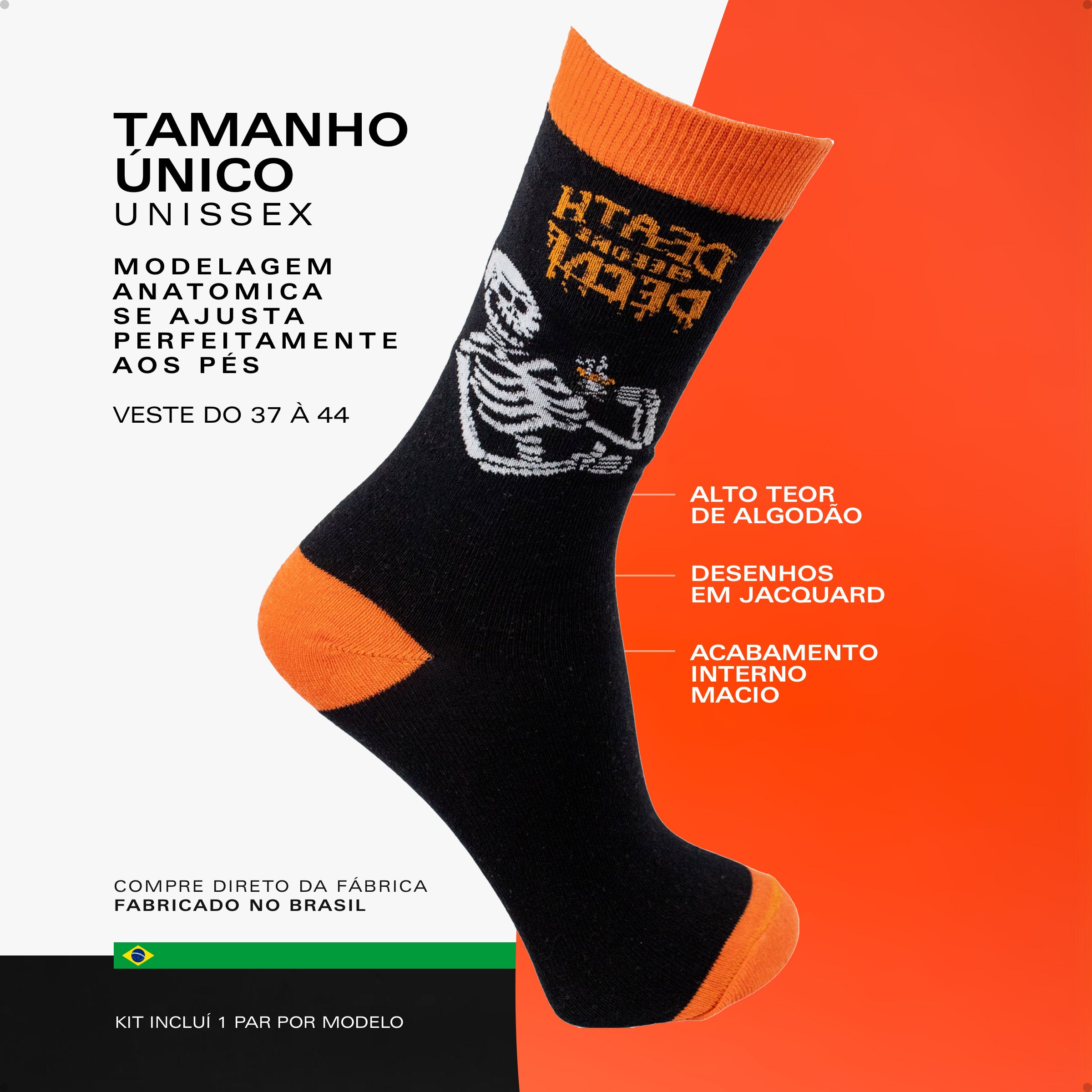 Kit 4 Meias Cano Alto Rock Caveira Quadriculada