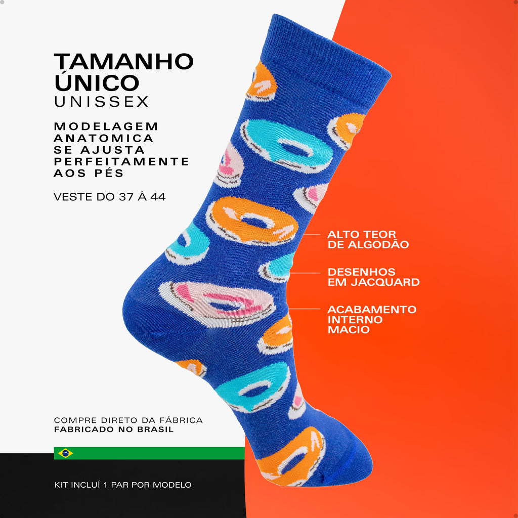 Kit 6 Meias Cano Alto Food Lovers Donut Hotdog Pizza Sushi Tacos Melancia