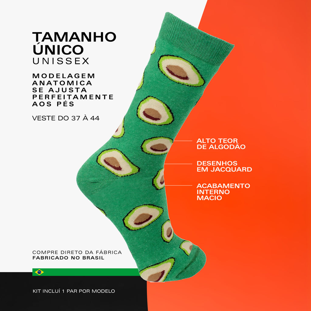 Kit 6 Meias Cano Alto Frutas Banana Abacaxi Abacate Cereja Limão