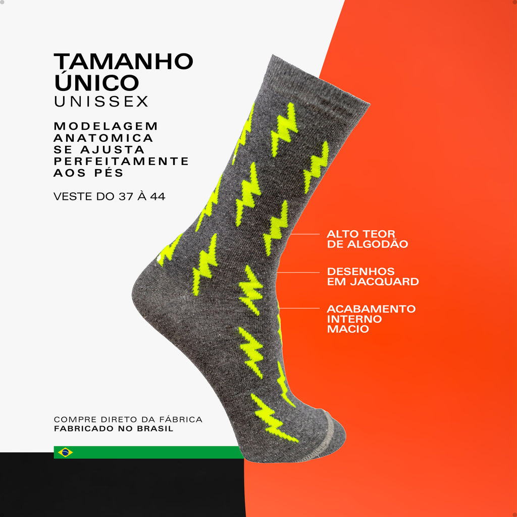 Meia Divertida Estampada Oddo Cano Longo Cinza Raio Verde